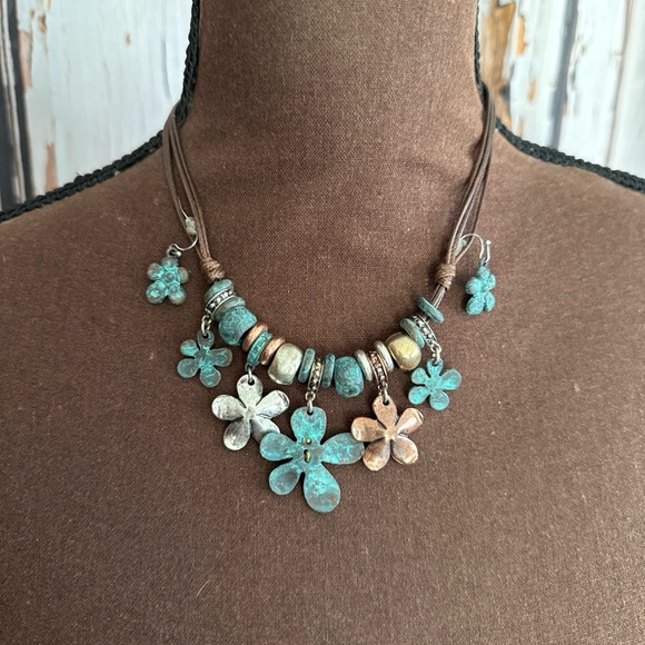 unbranded Jewelry - Floral Charm Necklace in Turquoise and Gold metal with matching earrings